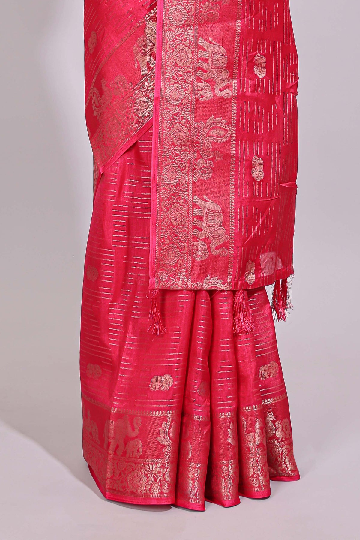 Pink striped elephant & bird zari butta dola silk saree with self zari border and matching zari motifs blouse