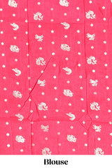 Pink striped elephant & bird zari butta dola silk saree with self zari border and matching zari motifs blouse