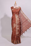 Rust brown striped elephant & bird zari butta dola silk saree with self zari border and matching zari motifs blouse