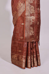 Rust brown striped elephant & bird zari butta dola silk saree with self zari border and matching zari motifs blouse