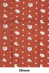 Rust brown striped elephant & bird zari butta dola silk saree with self zari border and matching zari motifs blouse