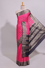 Pink zari striped dola silk saree with contrast zari border and striped pallu