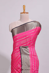 Pink zari striped dola silk saree with contrast zari border and striped pallu
