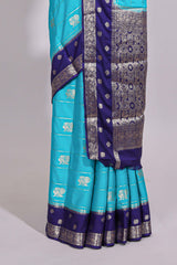 Blue striped bird zari butta dola silk saree with contrast zari border and blouse