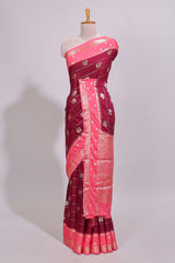 Maroon striped bird zari butta dola silk saree with contrast zari border and blouse