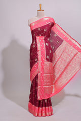 Maroon striped bird zari butta dola silk saree with contrast zari border and blouse