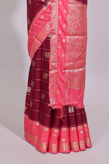 Maroon striped bird zari butta dola silk saree with contrast zari border and blouse