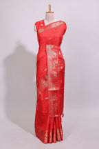 Red striped elephant & bird zari butta dola silk saree with self zari border and matching zari motifs blouse