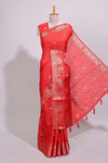 Red striped elephant & bird zari butta dola silk saree with self zari border and matching zari motifs blouse