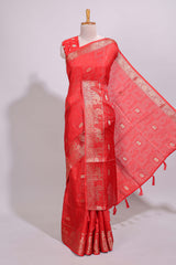 Red striped elephant & bird zari butta dola silk saree with self zari border and matching zari motifs blouse