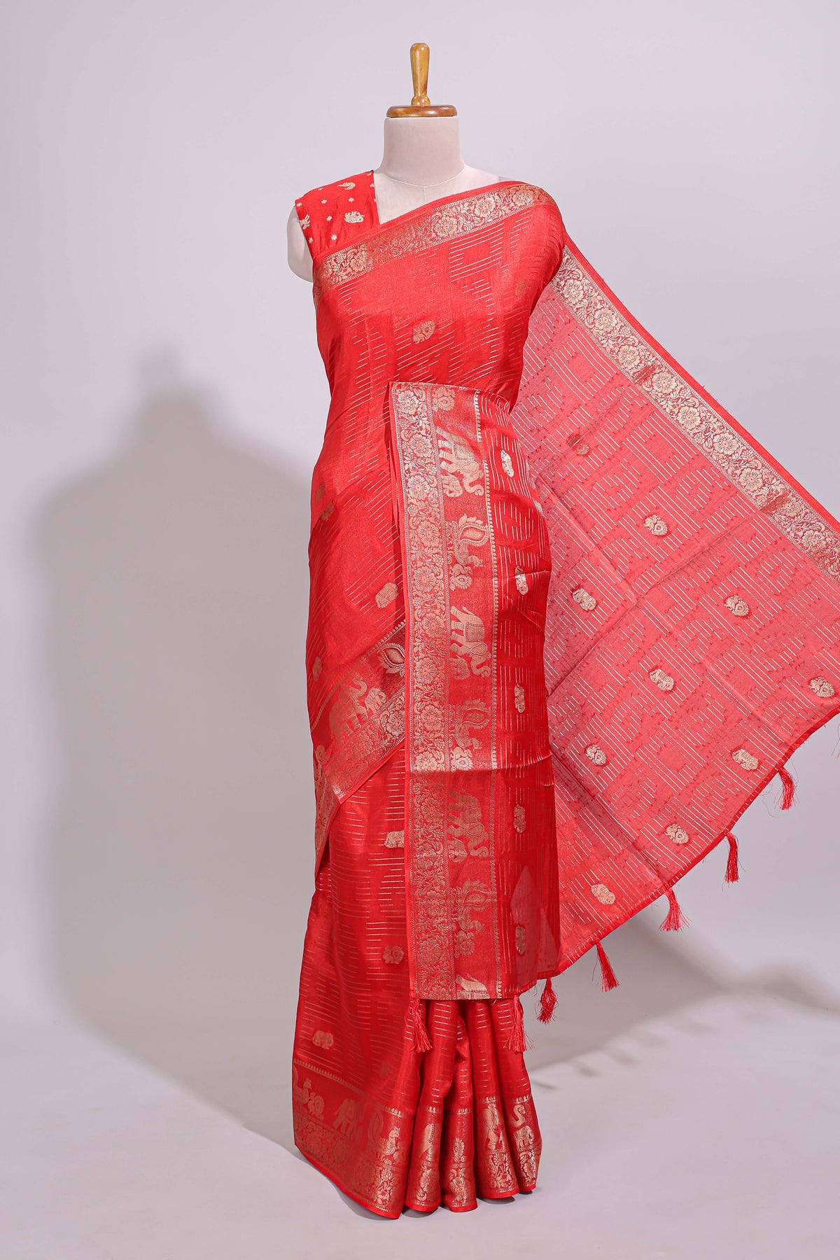 Red striped elephant & bird zari butta dola silk saree with self zari border and matching zari motifs blouse