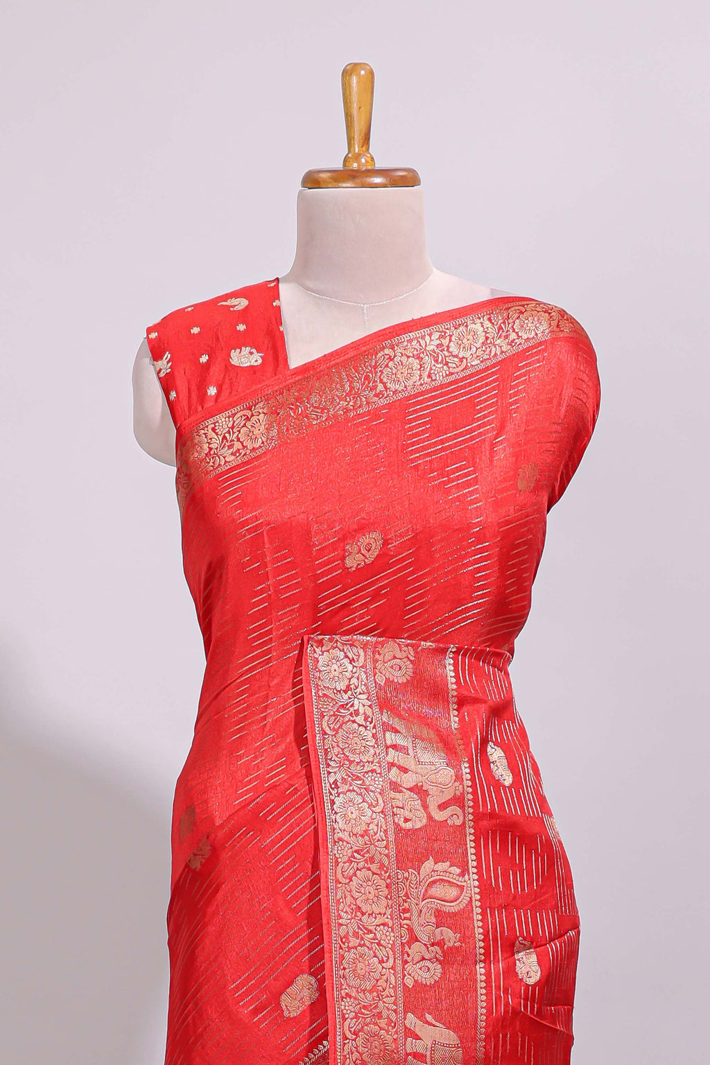 Red striped elephant & bird zari butta dola silk saree with self zari border and matching zari motifs blouse