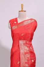 Red striped elephant & bird zari butta dola silk saree with self zari border and matching zari motifs blouse