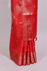 Red striped elephant & bird zari butta dola silk saree with self zari border and matching zari motifs blouse