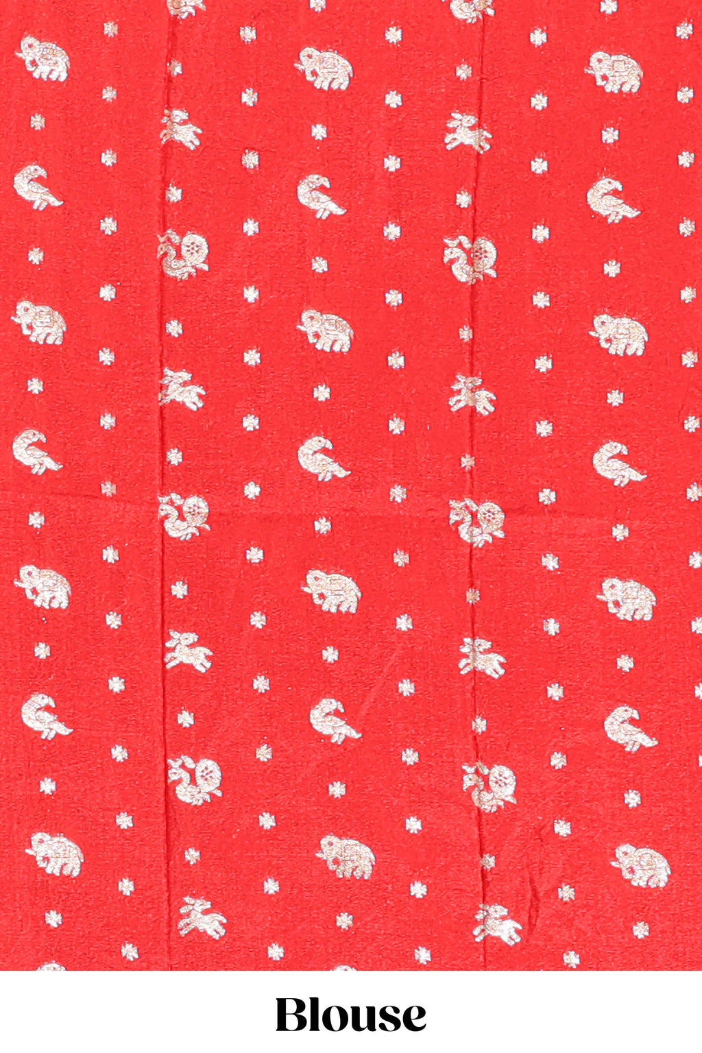 Red striped elephant & bird zari butta dola silk saree with self zari border and matching zari motifs blouse