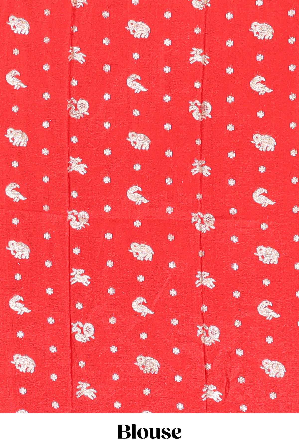 Red striped elephant & bird zari butta dola silk saree with self zari border and matching zari motifs blouse