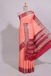 Peach zari striped dola silk saree with contrast zari border and striped pallu