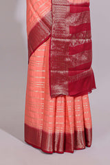 Peach zari striped dola silk saree with contrast zari border and striped pallu