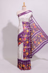 Off white floral design dola silk saree with contrast violet floral border and printed motifs blouse