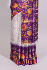 Off white floral design dola silk saree with contrast violet floral border and printed motifs blouse