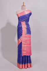 Blue zari striped dola silk saree with contrast zari border and striped pallu