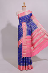 Blue zari striped dola silk saree with contrast zari border and striped pallu
