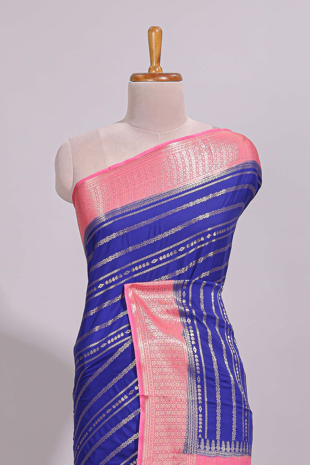 Blue zari striped dola silk saree with contrast zari border and striped pallu