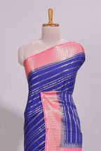 Blue zari striped dola silk saree with contrast zari border and striped pallu