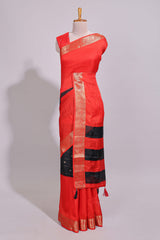 Black zari striped motifs dola silk saree with contrast red border and zari motifs blouse
