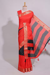 Black zari striped motifs dola silk saree with contrast red border and zari motifs blouse
