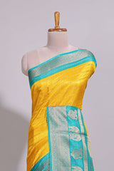 Yellow zari striped dola silk saree with contrast zari border and floral printed pallu