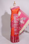 Orange zari striped dola silk saree with contrast zari border and floral printed pallu
