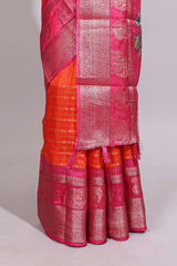 Orange zari striped dola silk saree with contrast zari border and floral printed pallu