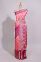 Peach zari striped dola silk saree with contrast zari border and floral printed pallu