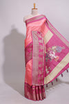 Peach zari striped dola silk saree with contrast zari border and floral printed pallu