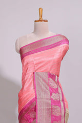 Peach zari striped dola silk saree with contrast zari border and floral printed pallu