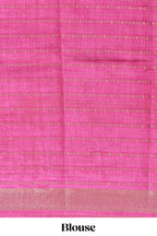 Peach zari striped dola silk saree with contrast zari border and floral printed pallu