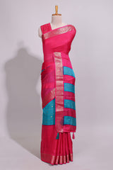 Turquoise blue zari striped motifs dola silk saree with contrast pink border and zari motifs blouse
