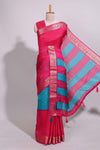 Turquoise blue zari striped motifs dola silk saree with contrast pink border and zari motifs blouse