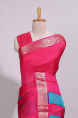 Turquoise blue zari striped motifs dola silk saree with contrast pink border and zari motifs blouse