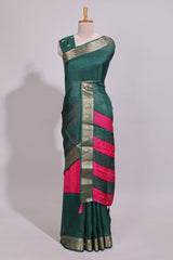 Pink zari striped motifs dola silk saree with contrast green border and zari motifs blouse