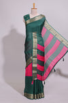 Pink zari striped motifs dola silk saree with contrast green border and zari motifs blouse
