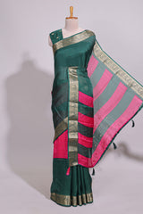 Pink zari striped motifs dola silk saree with contrast green border and zari motifs blouse