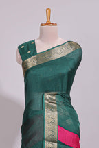 Pink zari striped motifs dola silk saree with contrast green border and zari motifs blouse
