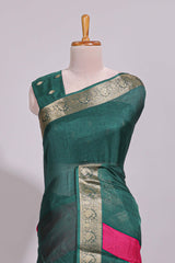 Pink zari striped motifs dola silk saree with contrast green border and zari motifs blouse