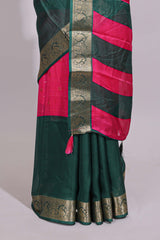 Pink zari striped motifs dola silk saree with contrast green border and zari motifs blouse