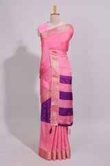 Violet zari striped motifs dola silk saree with contrast pink border and zari motifs blouse