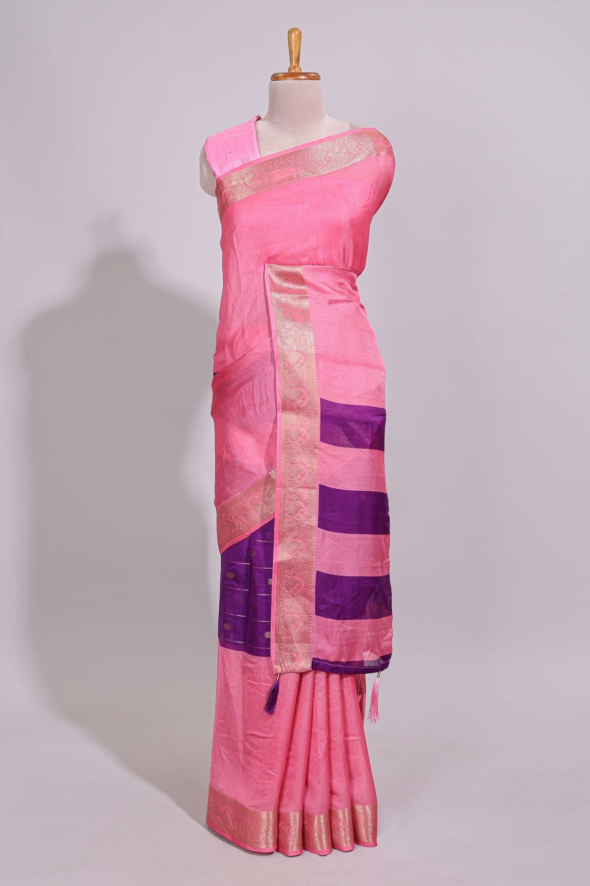 Violet zari striped motifs dola silk saree with contrast pink border and zari motifs blouse