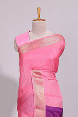 Violet zari striped motifs dola silk saree with contrast pink border and zari motifs blouse