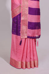 Violet zari striped motifs dola silk saree with contrast pink border and zari motifs blouse